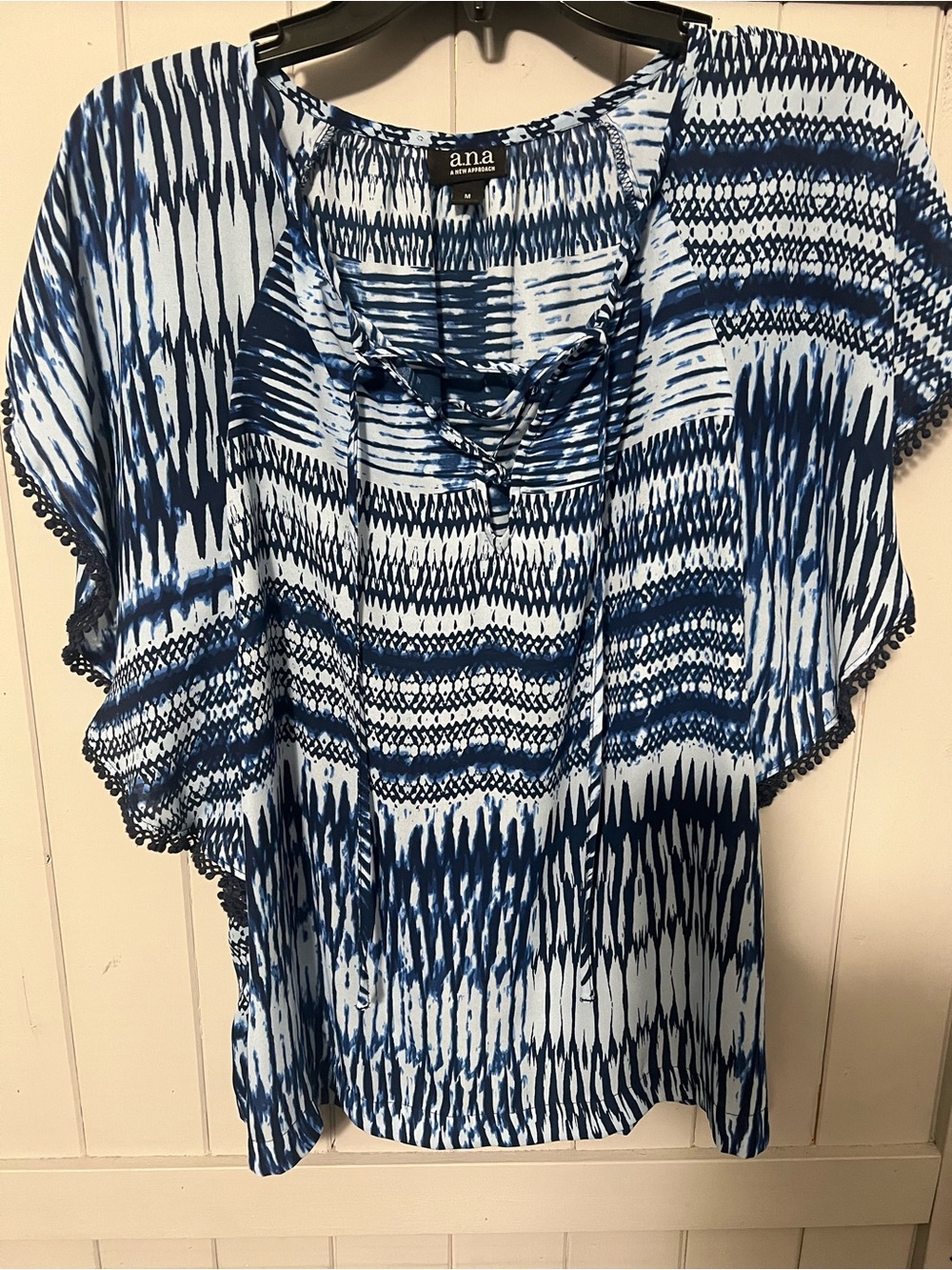 a.n.a Navy & White Patterned Lace-Up Flutter Sleeve Tunic
